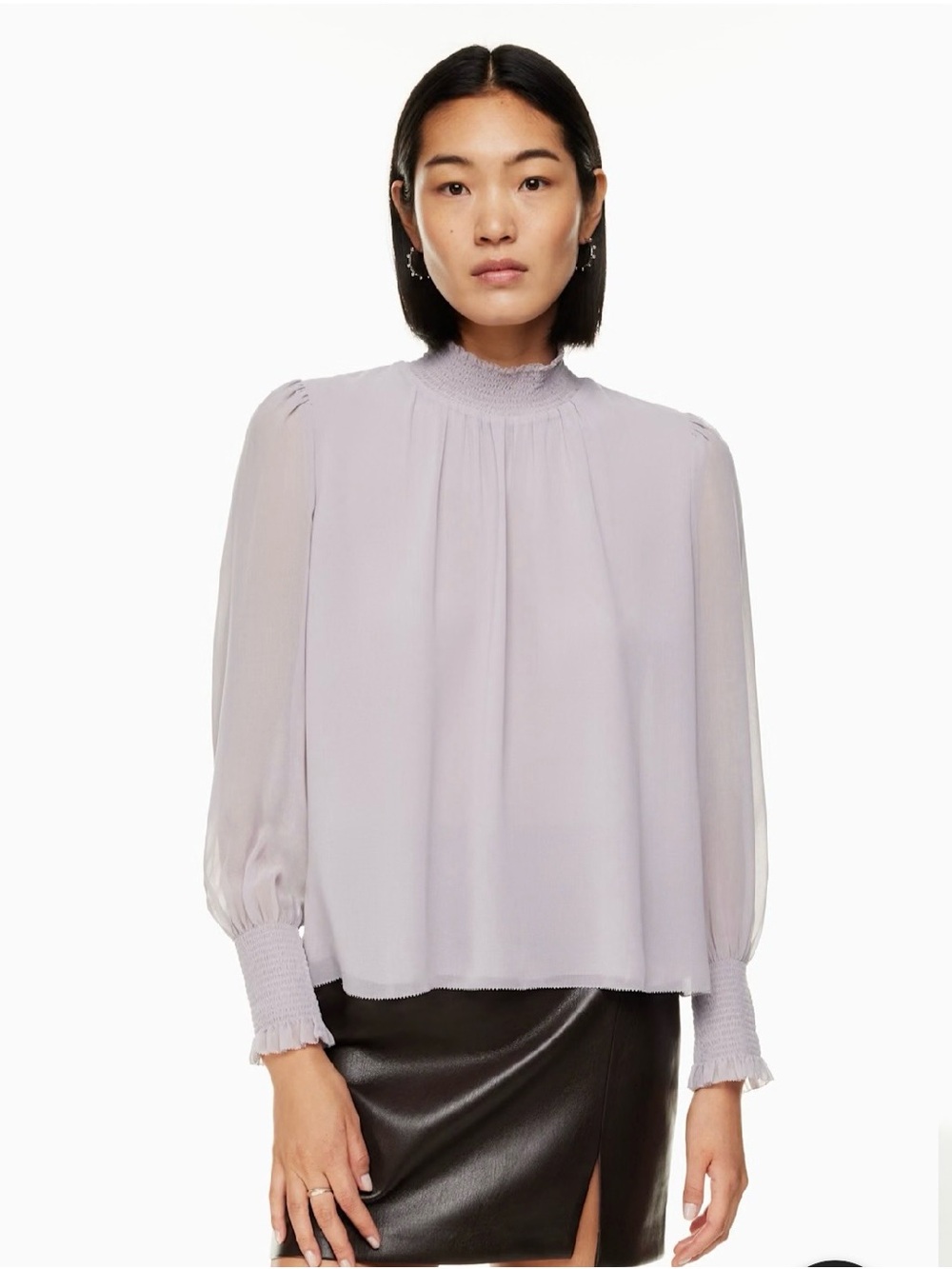 Aritzia Lavender Smocked Neck Long-Sleeve Blouse